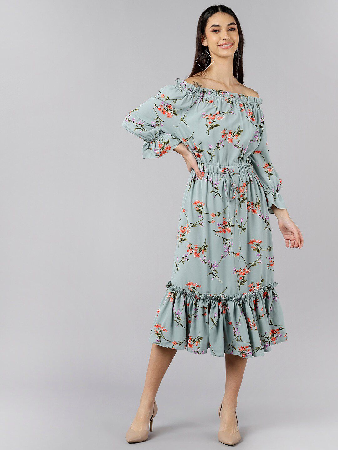 AHIKA Women Blue Floral Printed Off-Shoulder Crepe Fit & Flare Dress Price in India