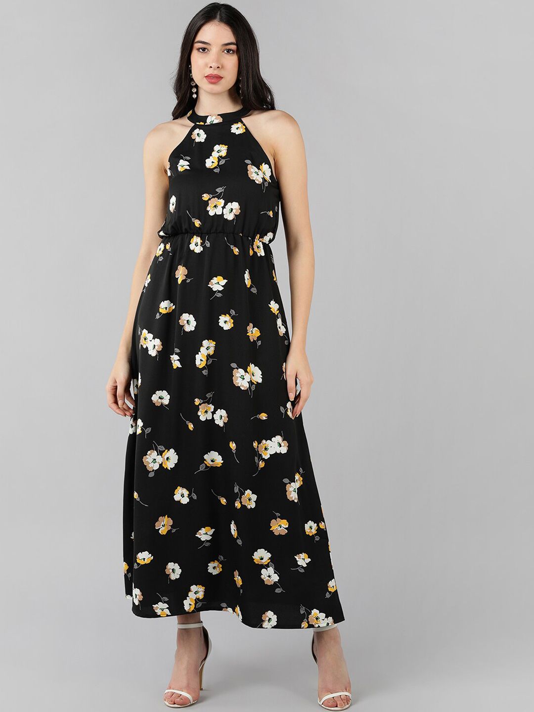 AHIKA Black & Yellow Floral Printed Halter Neck Maxi Dress Price in India