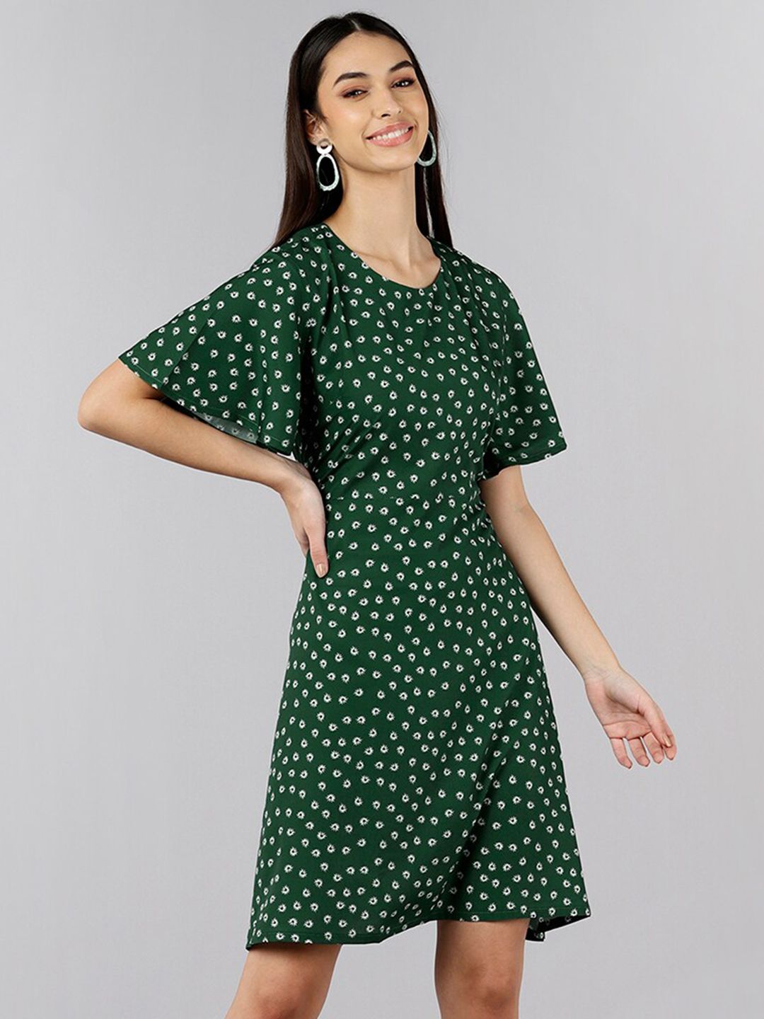 AHIKA Green & White Floral Printed A-line Dress Price in India