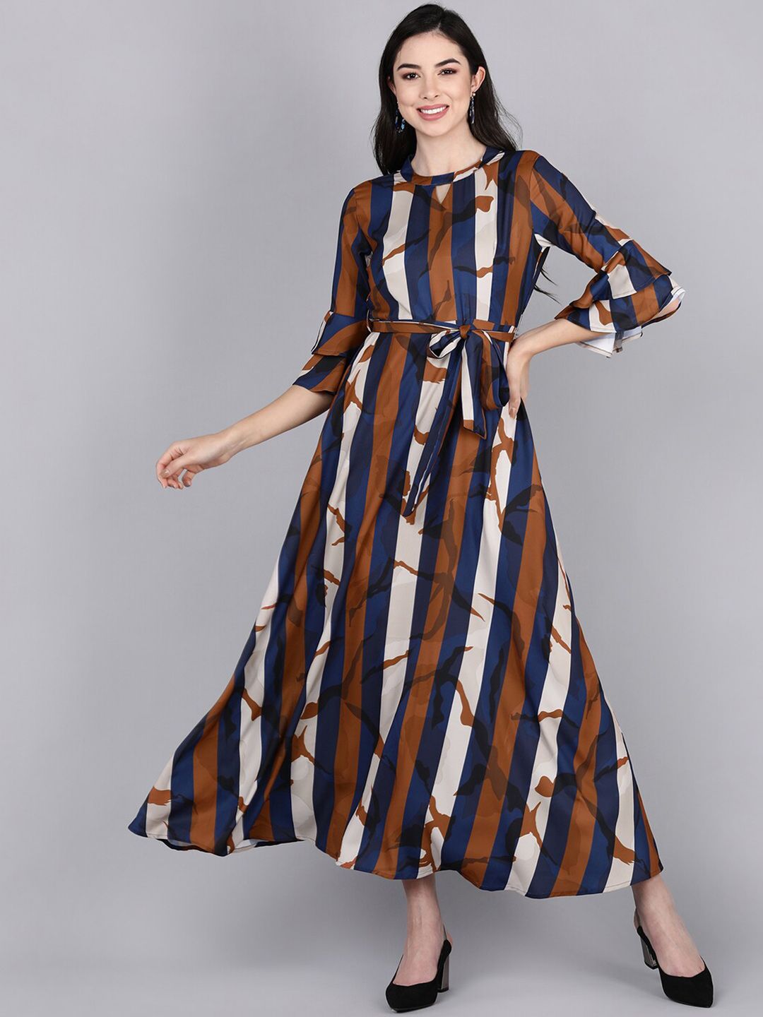 AHIKA Navy Blue & White Striped Keyhole Neck Crepe Maxi Dress Price in India