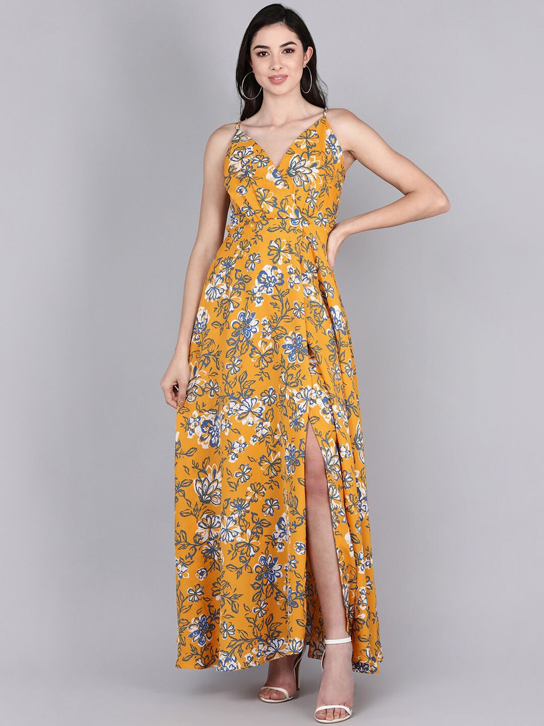 AHIKA Mustard Yellow & Blue Floral Maxi Dress Price in India