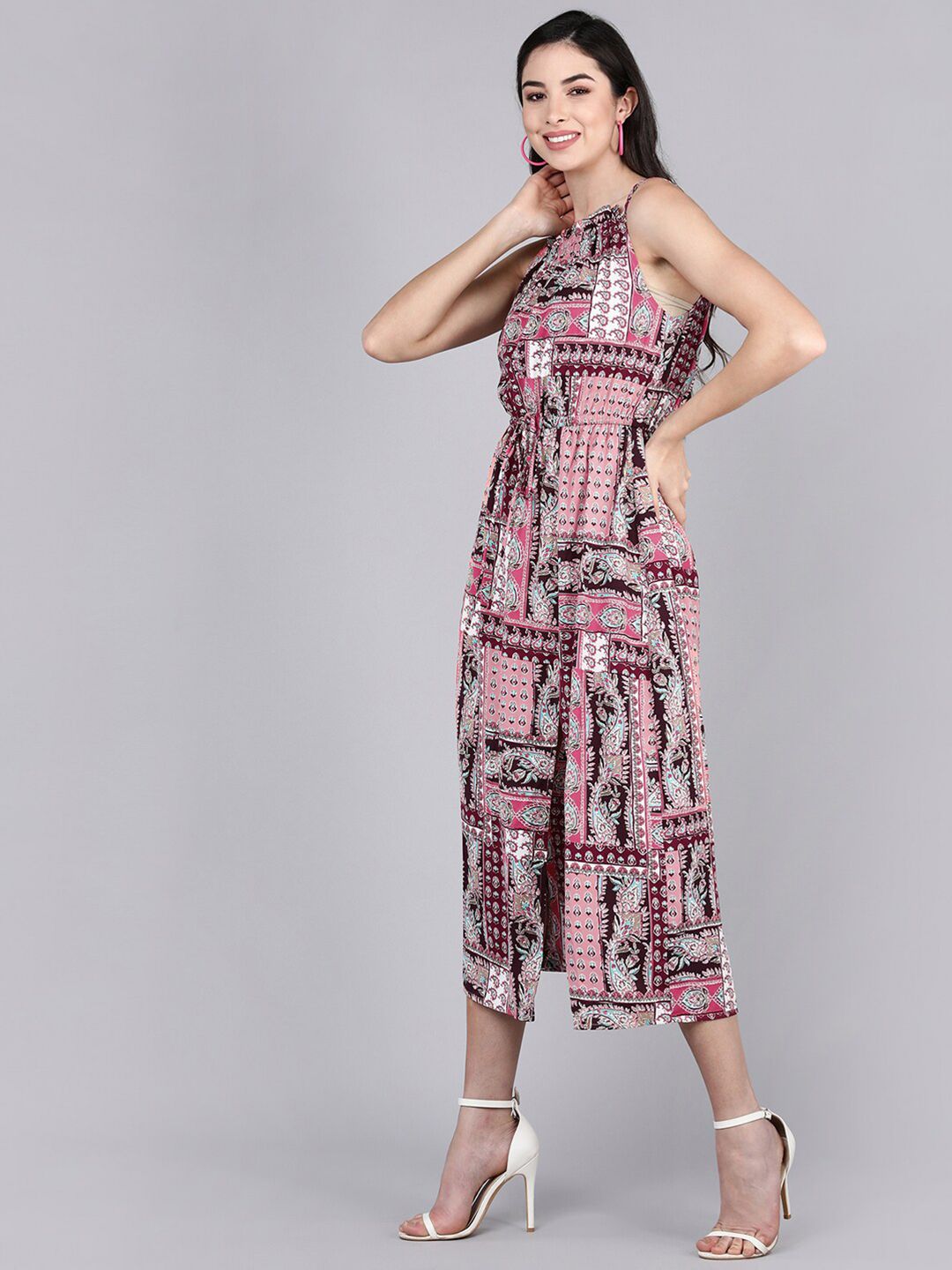 AHIKA Burgundy Ethnic Motifs Georgette Midi Dress Price in India