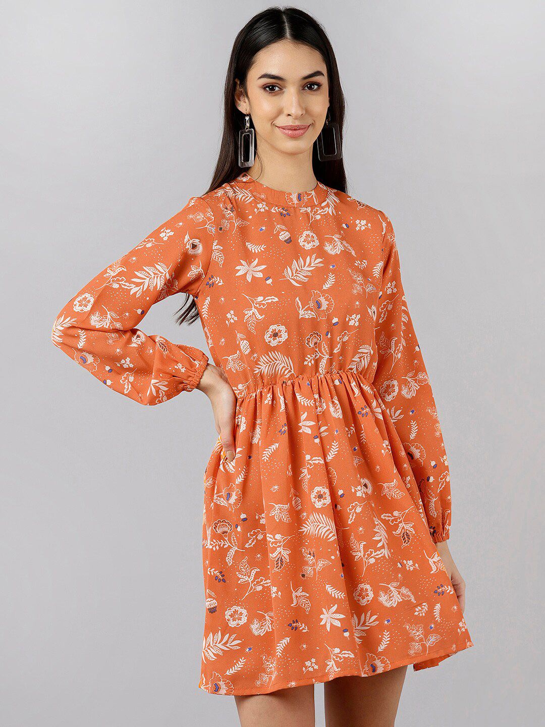 AHIKA Orange Floral Crepe Fit & Flare Dress Price in India
