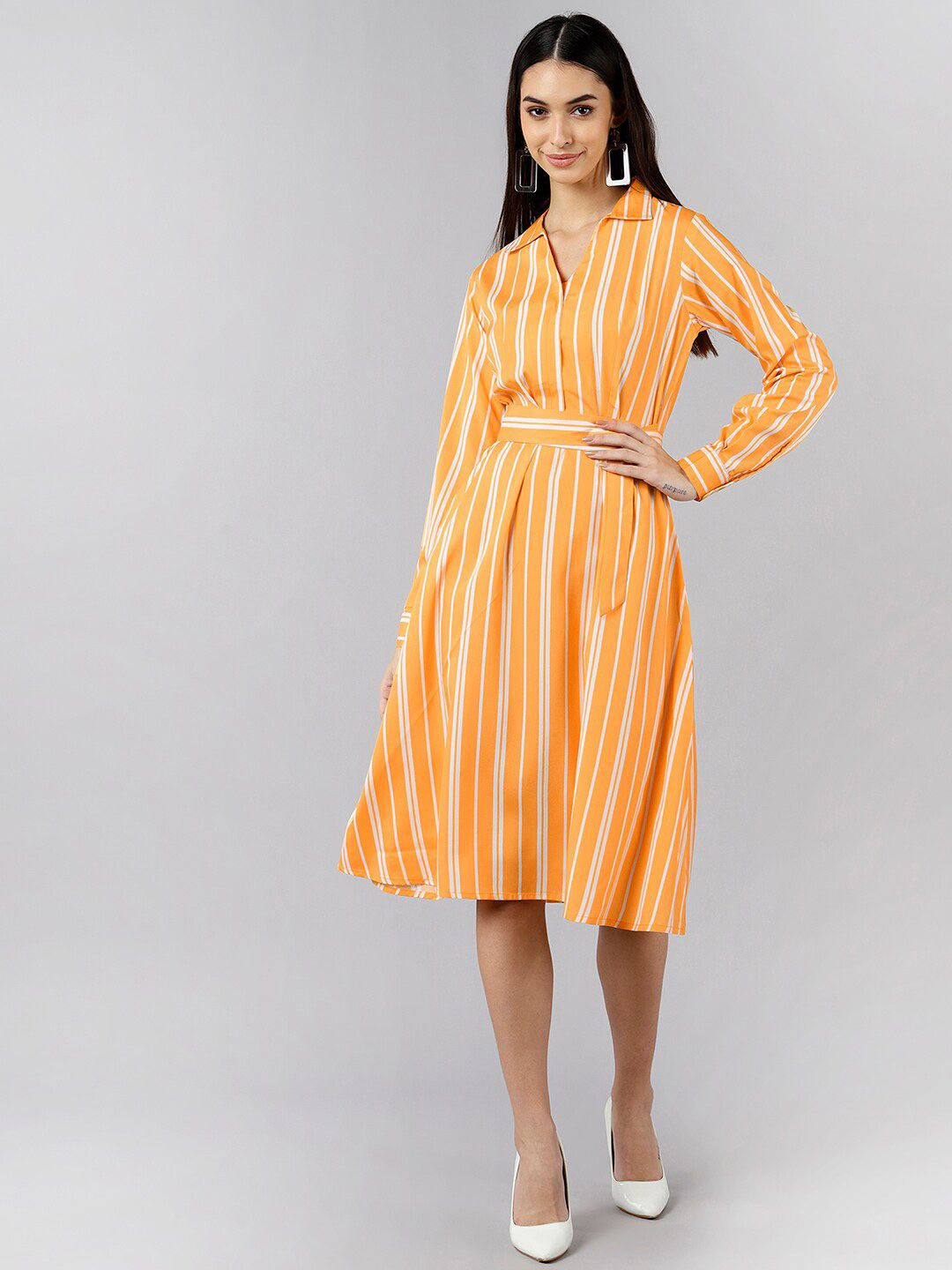 AHIKA Yellow Striped Crepe Shirt Dress Price in India