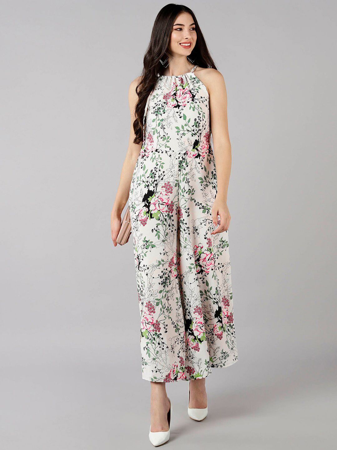 AHIKA White & Pink Printed Basic Jumpsuit Price in India