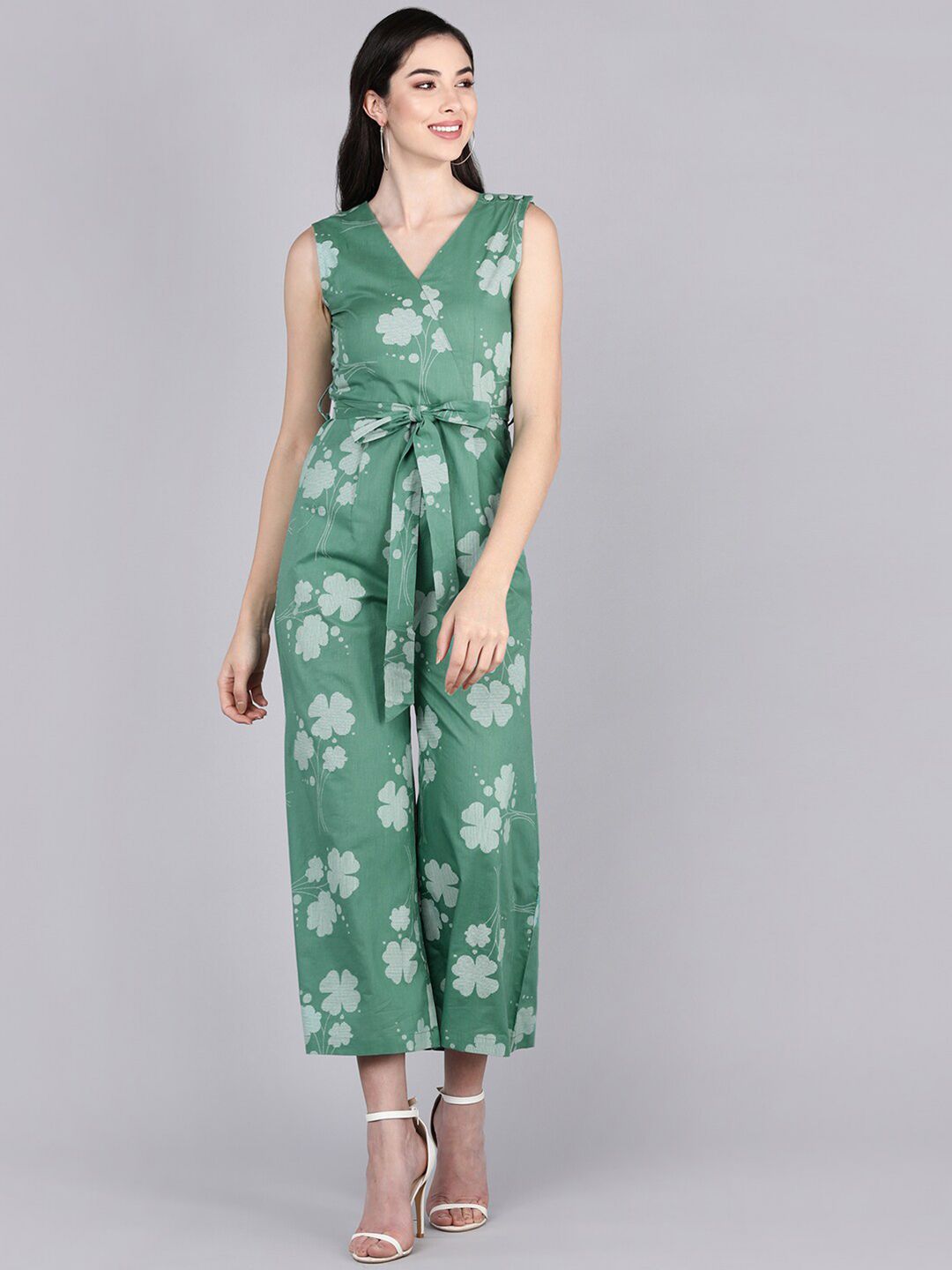 AHIKA Green & Grey Printed Cotton Basic Jumpsuit Price in India