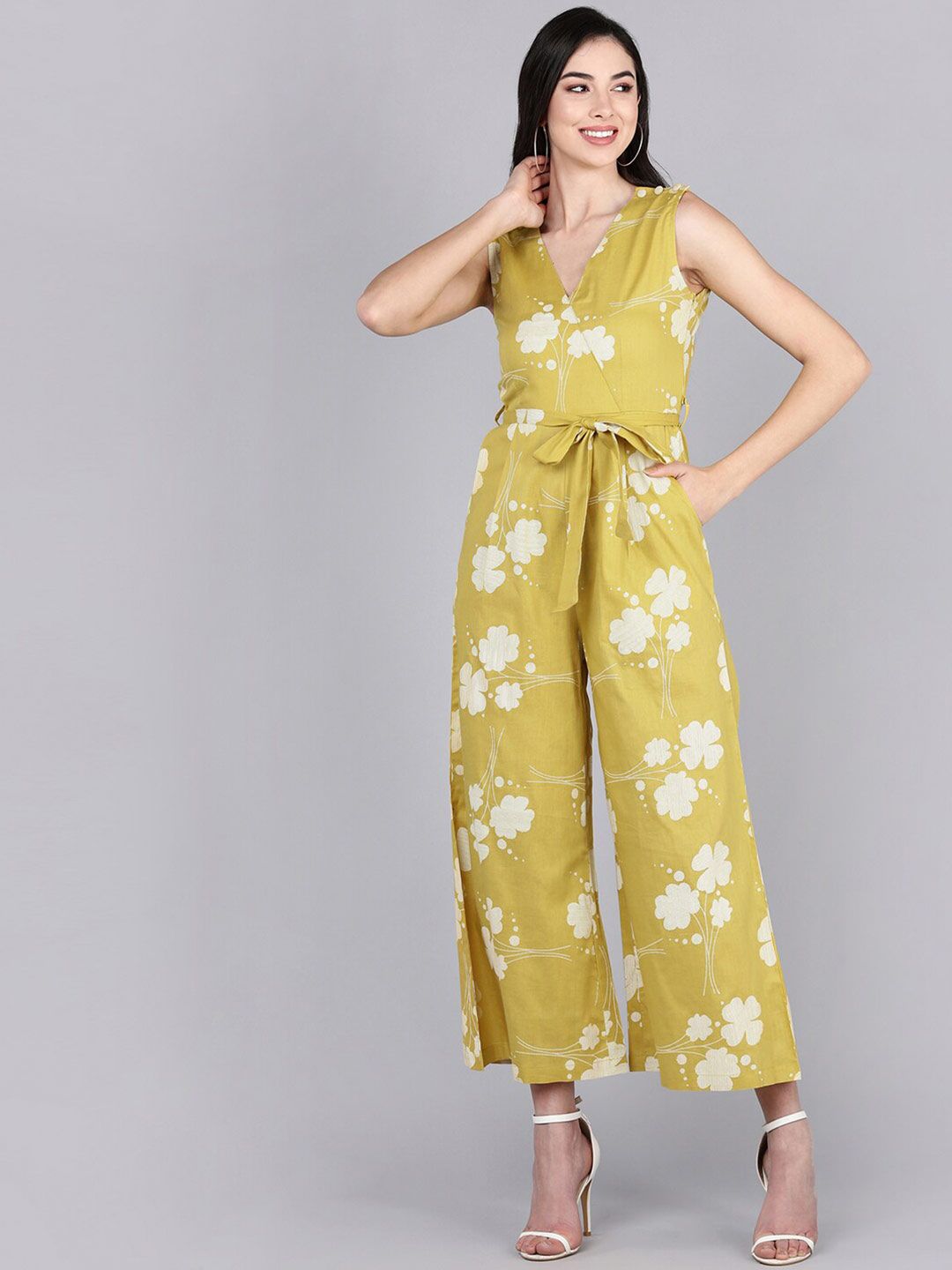 AHIKA Yellow & White Printed Cotton Basic Jumpsuit Price in India