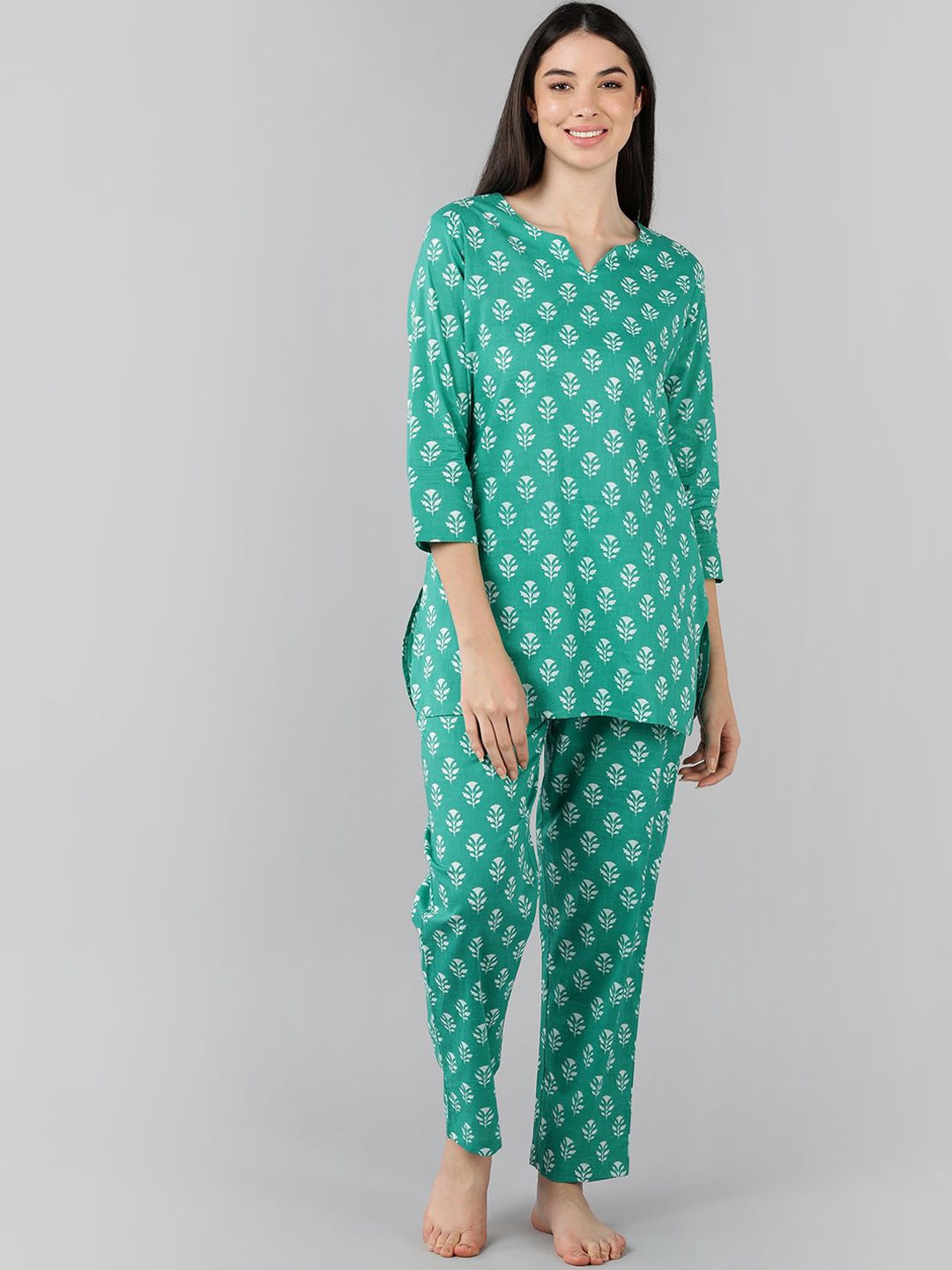 AHIKA Women Teal Blue Printed Pure Cotton Night suit Price in India