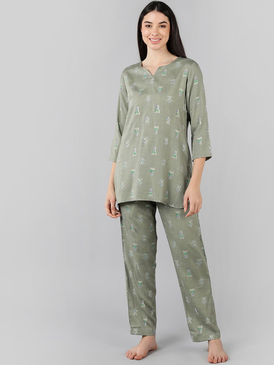 AHIKA Women Olive Green Printed Pure Cotton Night suit Price in India