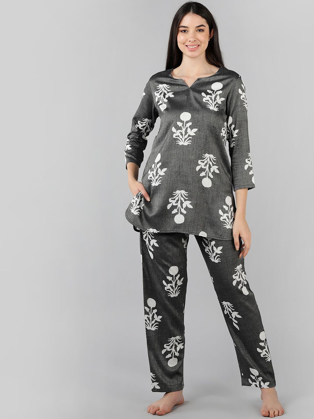 AHIKA Women Grey & White Printed Pure Cotton Night suit Price in India