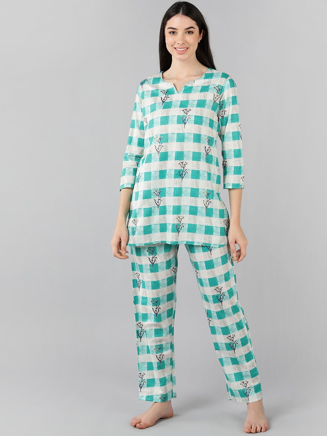 AHIKA Women Sea Green & White Cotton Checked Night suit Price in India