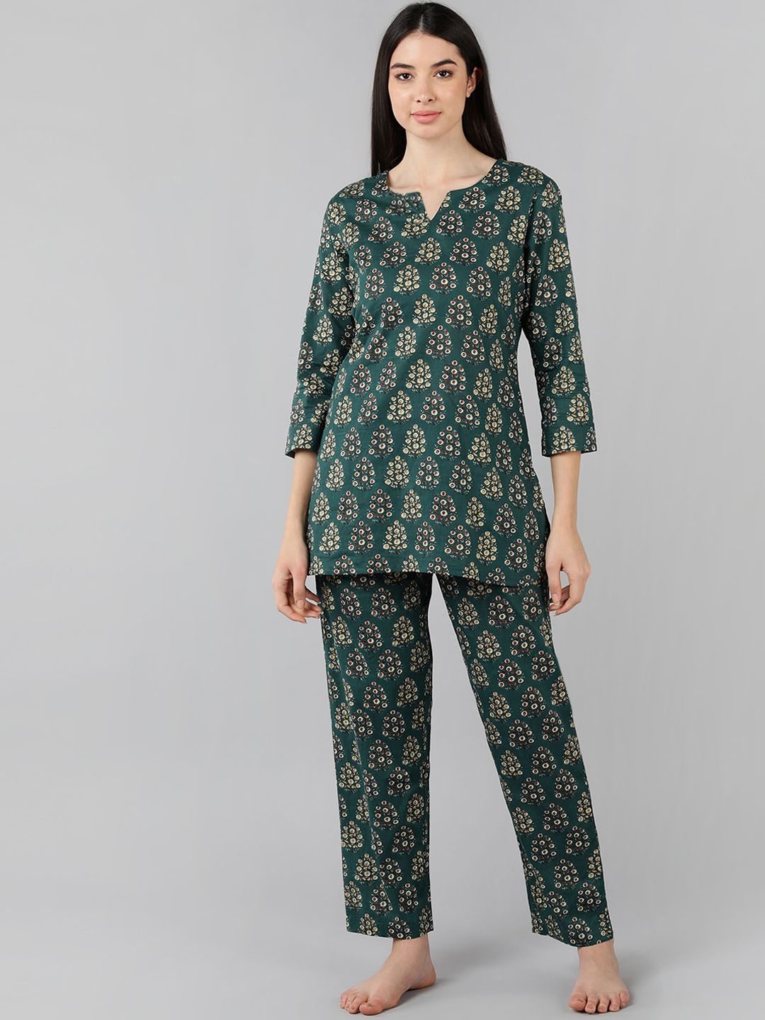 AHIKA Women Green Printed Pure Cotton Night suit Price in India