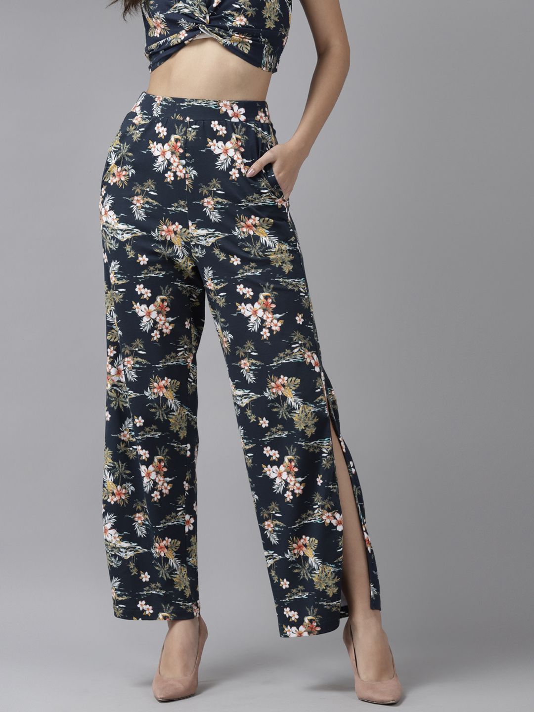 KASSUALLY Women Navy Blue Floral Printed Trousers Price in India