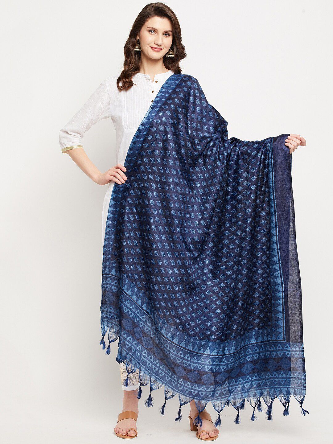 Clora Creation Navy Blue & White Ethnic Motifs Printed Dupatta Price in India