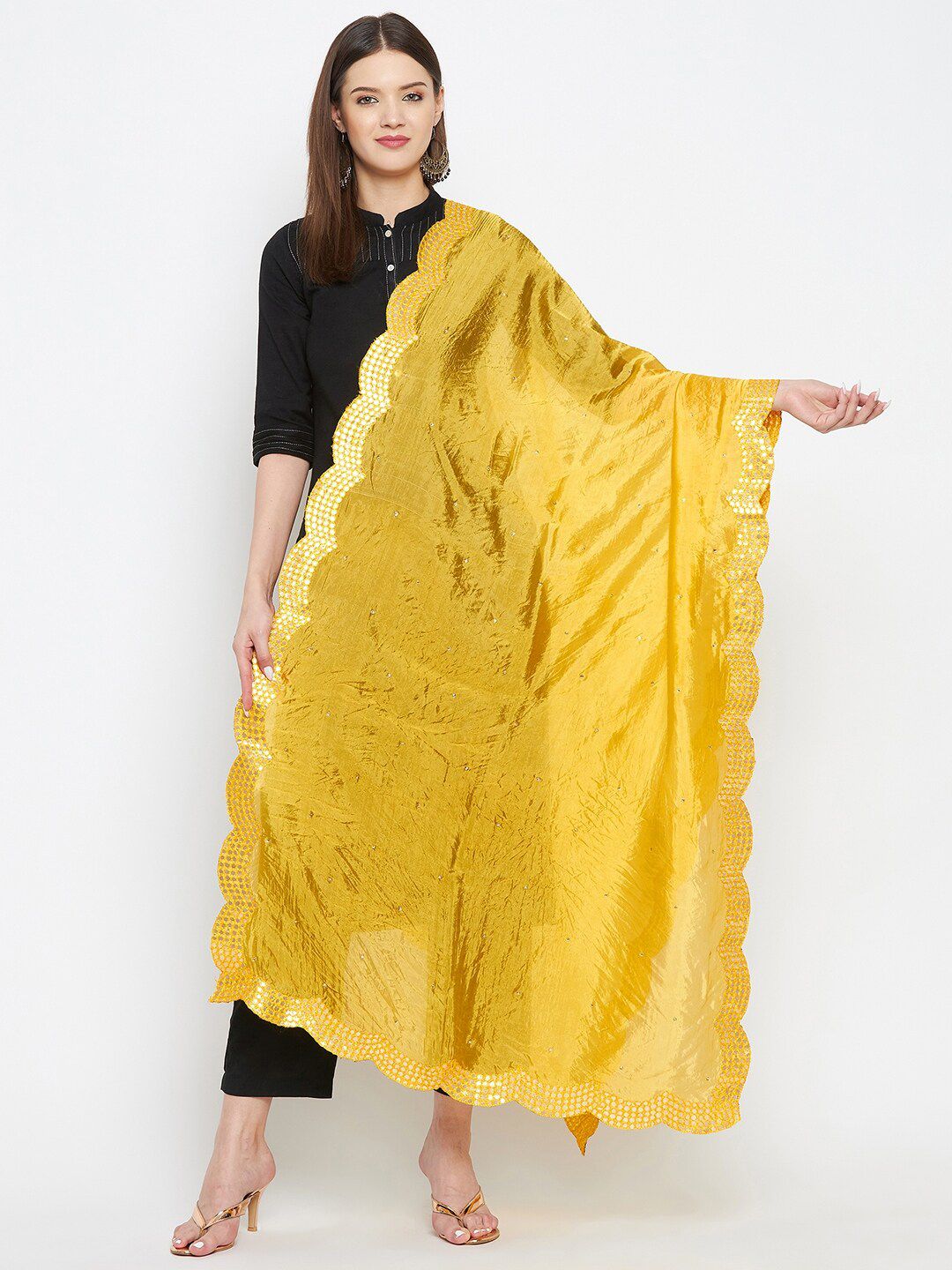 Clora Creation Yellow Embroidered Dupatta with Beads and Stones Price in India