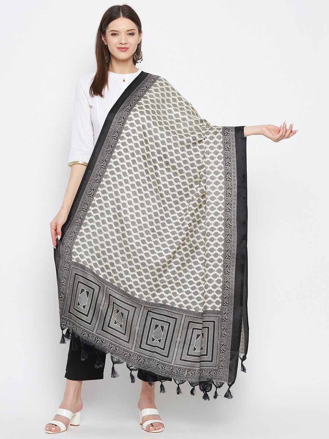 Clora Creation Black & White Printed Silk Dupatta Price in India