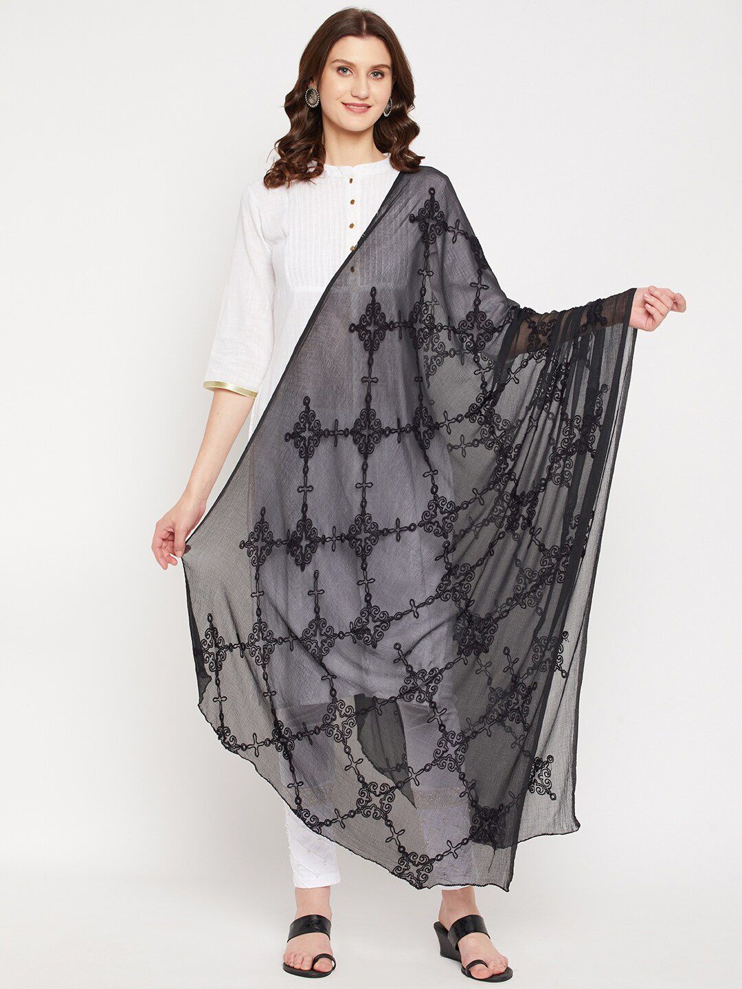 Clora Creation Black Embroidered Dupatta with Thread Work
