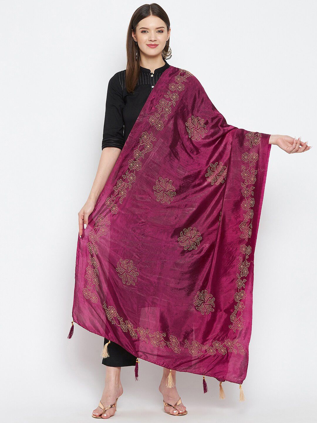 Clora Creation Burgundy & Gold-Toned Embroidered Dupatta with Sequinned Price in India