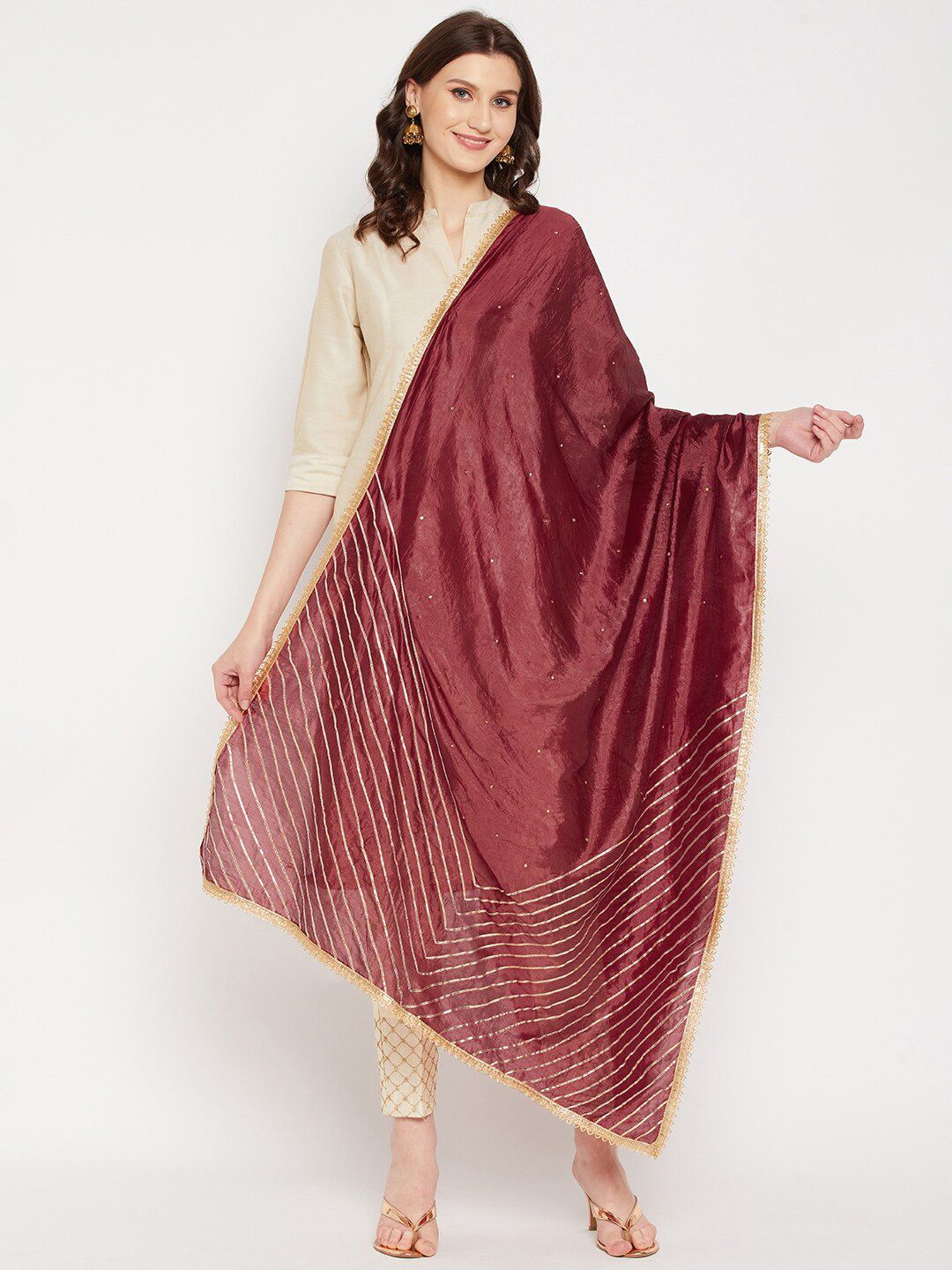 Clora Creation Brown & Gold-Toned Striped Sequined Gotta Patti Dupatta Price in India