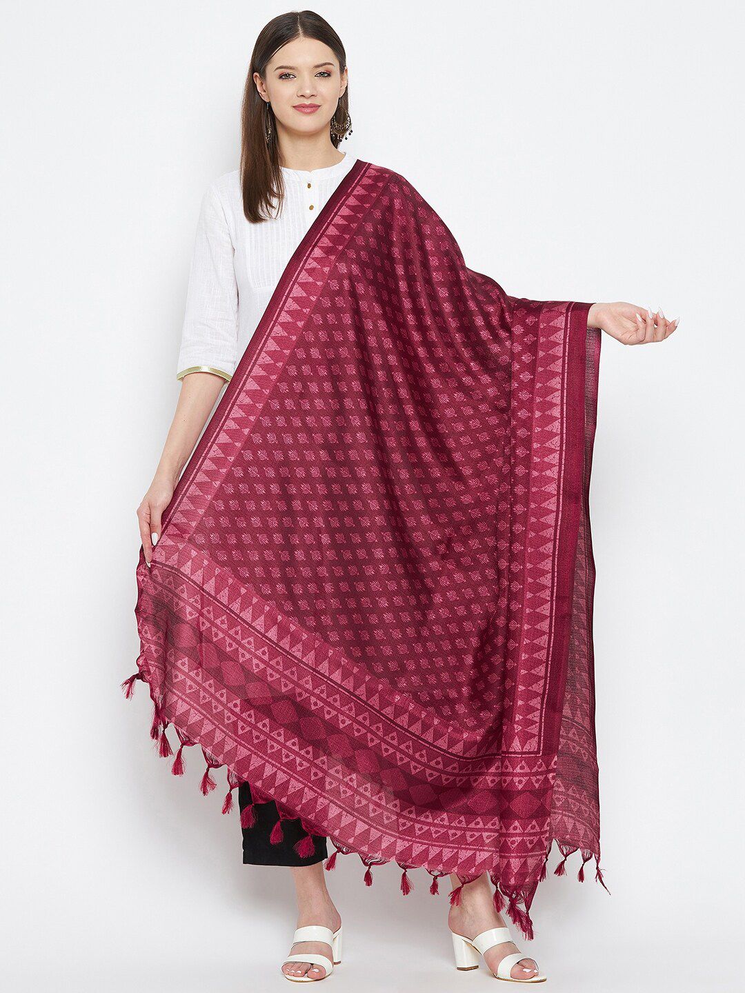 Clora Creation Burgundy Printed Dupatta Price in India