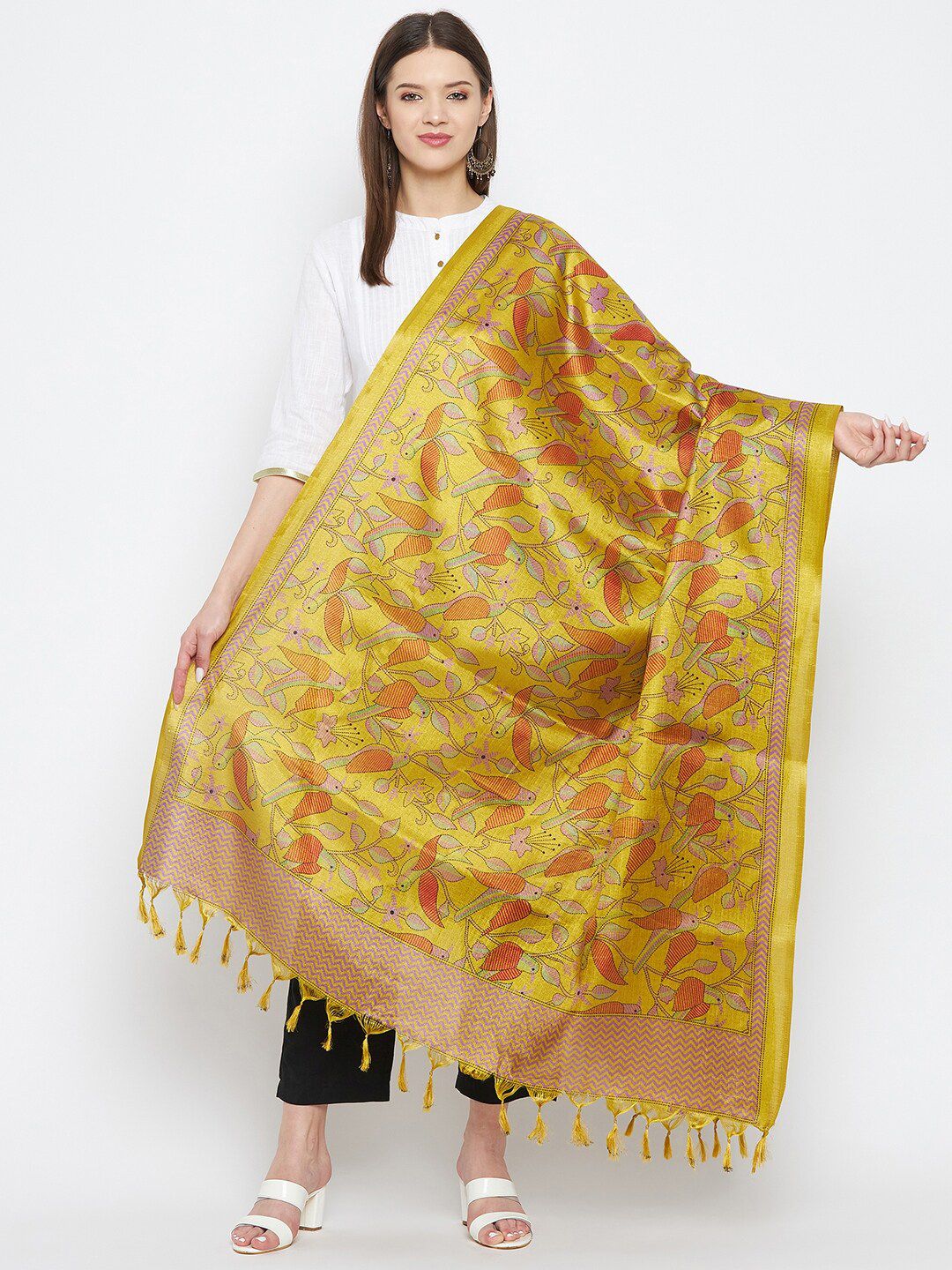 Clora Creation Mustard & Red Ethnic Motifs Printed Dupatta Price in India