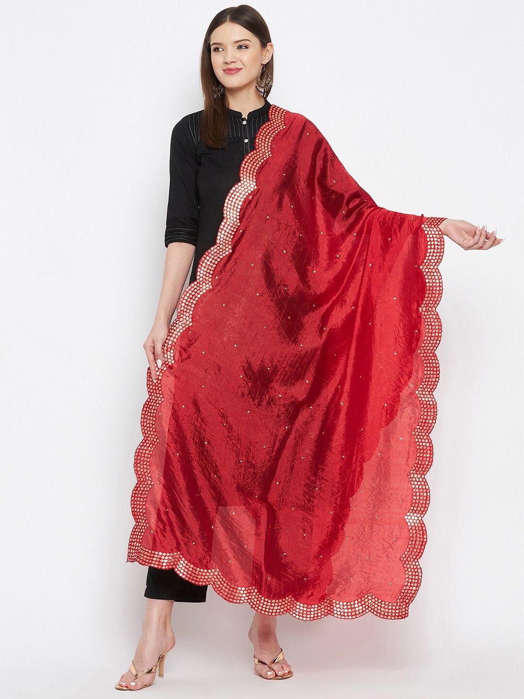 Clora Creation Red Embroidered Dupatta with Sequinned Price in India