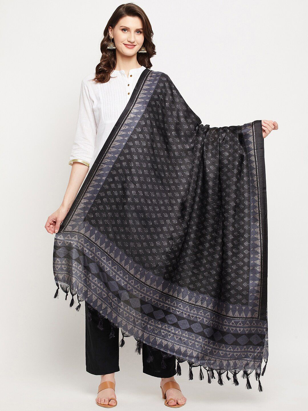 Clora Creation Women Black & Grey Printed Silk Blend Dupatta Price in India