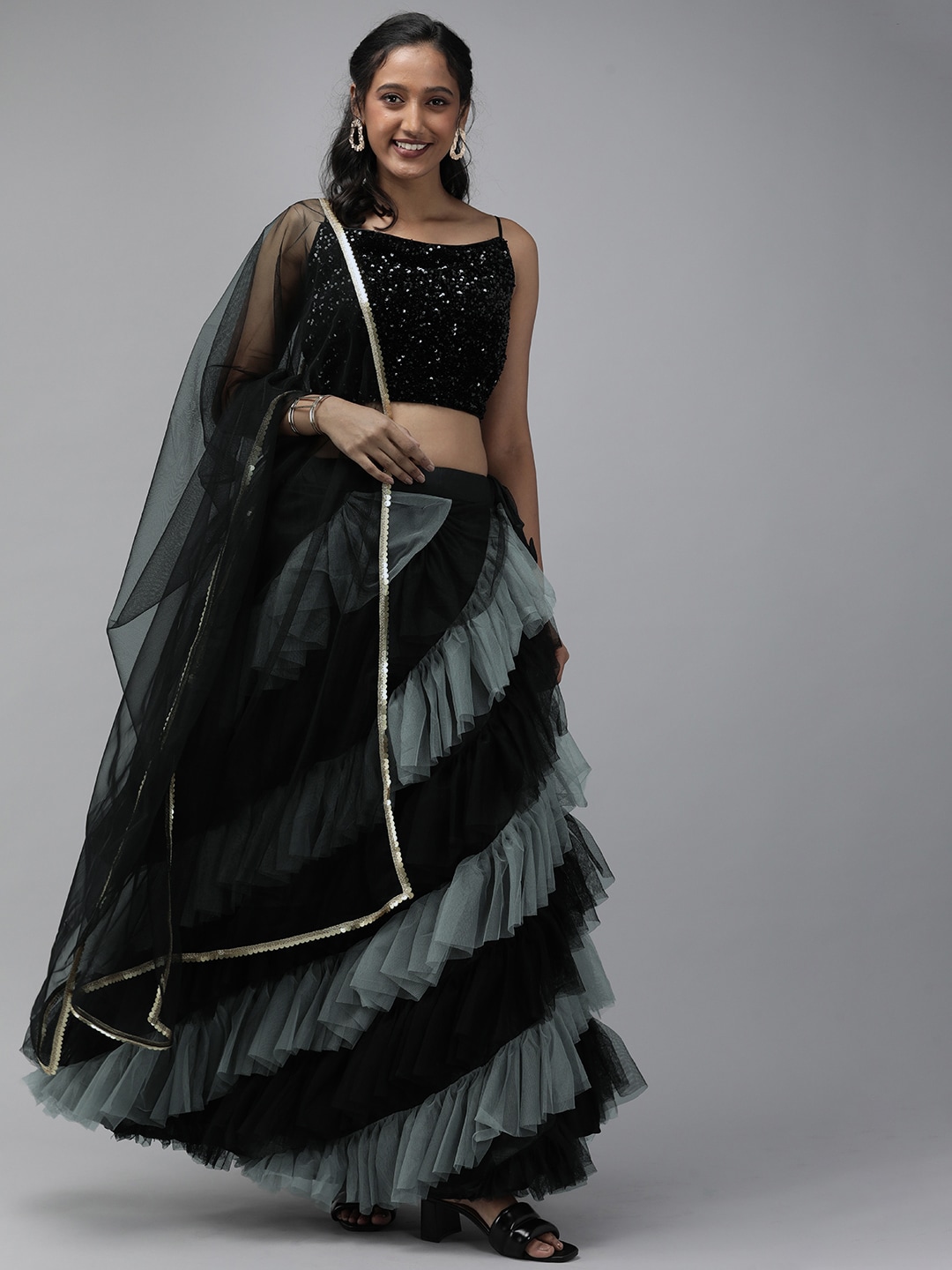 DIVASTRI Grey & Black Embellished Semi-Stitched Lehenga & Unstitched Blouse With Dupatta Price in India