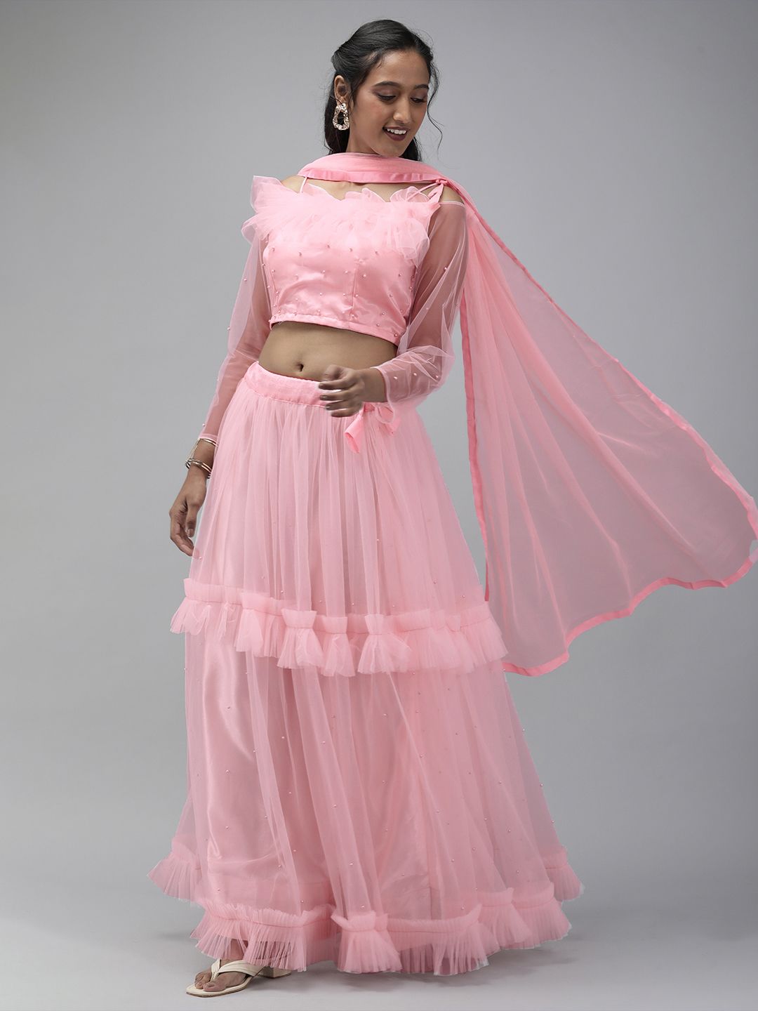 DIVASTRI Pink Embellished Beads and Stones Semi-Stitched Lehenga & Unstitched Blouse With Dupatta Price in India