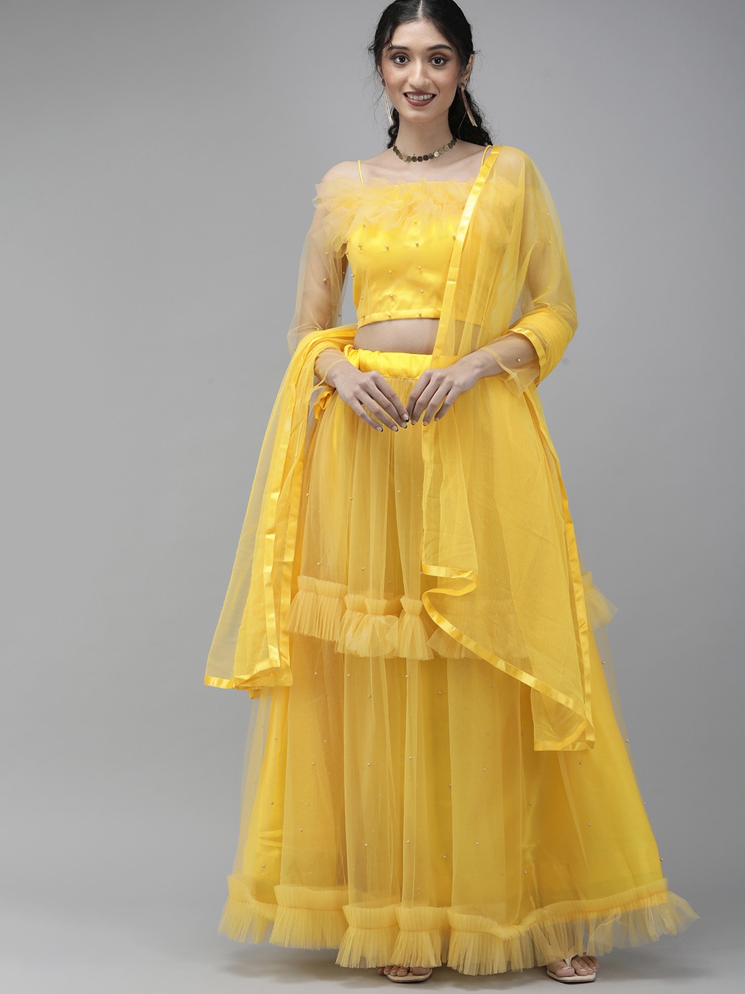DIVASTRI Yellow Embellished Beads and Stones Semi-Stitched Lehenga & Unstitched Blouse With Dupatta Price in India