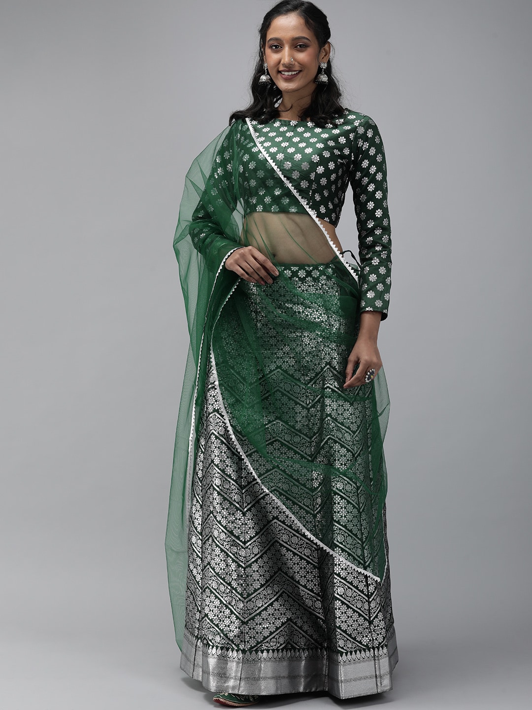 DIVASTRI Green & Silver Unstitched Lehenga & Blouse With Dupatta Price in India