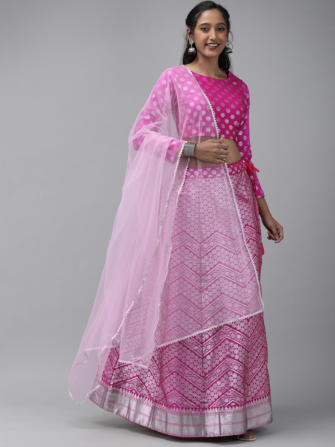 DIVASTRI Pink & Silver Unstitched Lehenga & Blouse With Dupatta Price in India