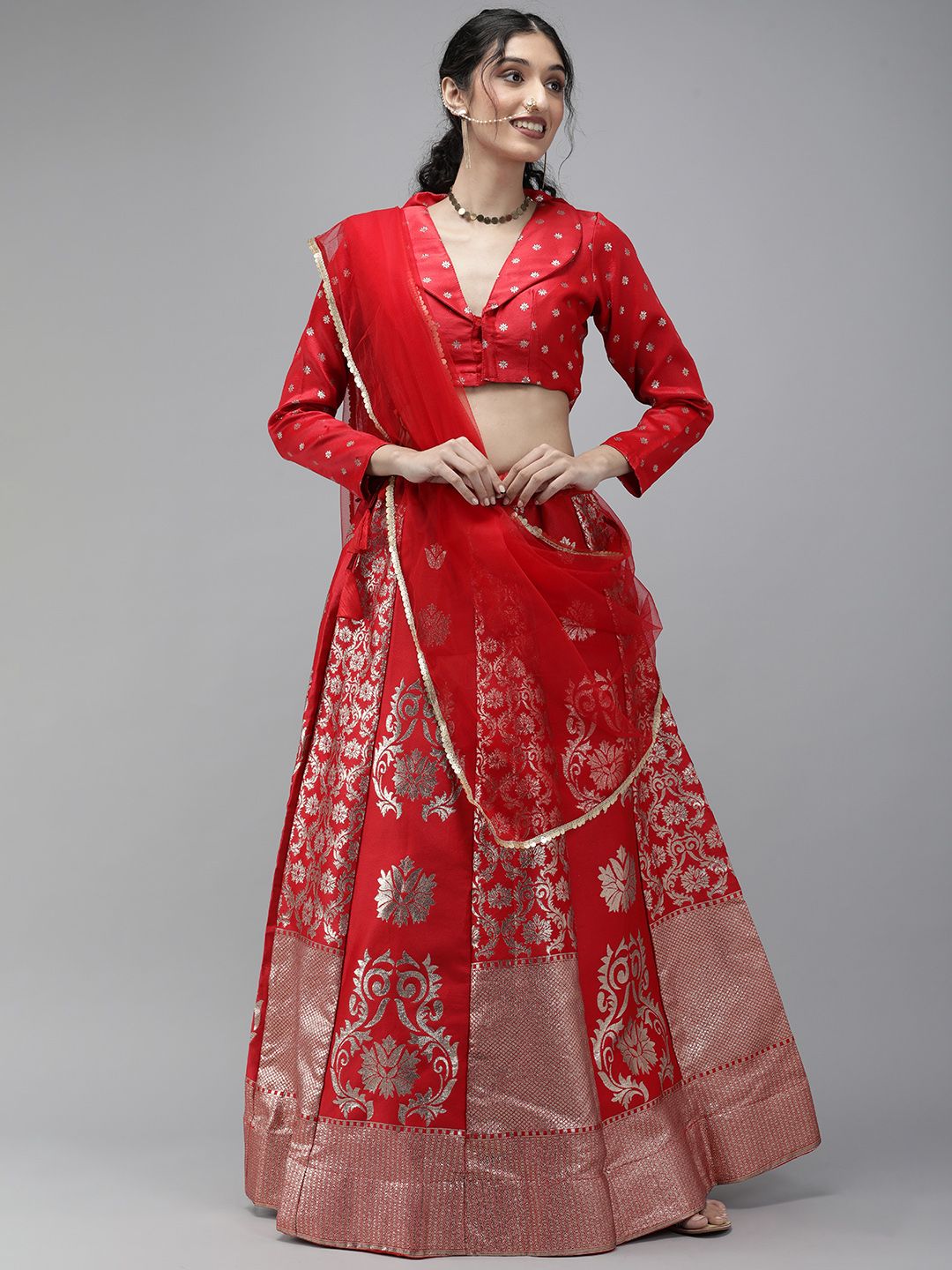 DIVASTRI Red & Silver Unstitched Lehenga & Blouse With Dupatta Price in India