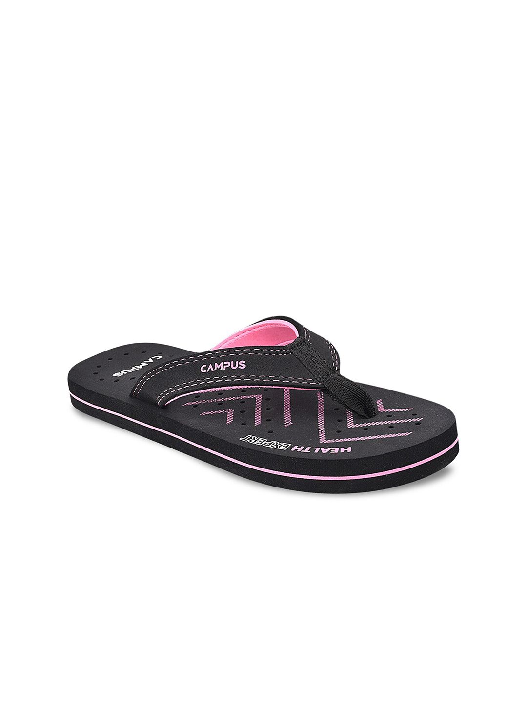 Campus Women Black & Pink Printed Thong Flip Flops Price in India