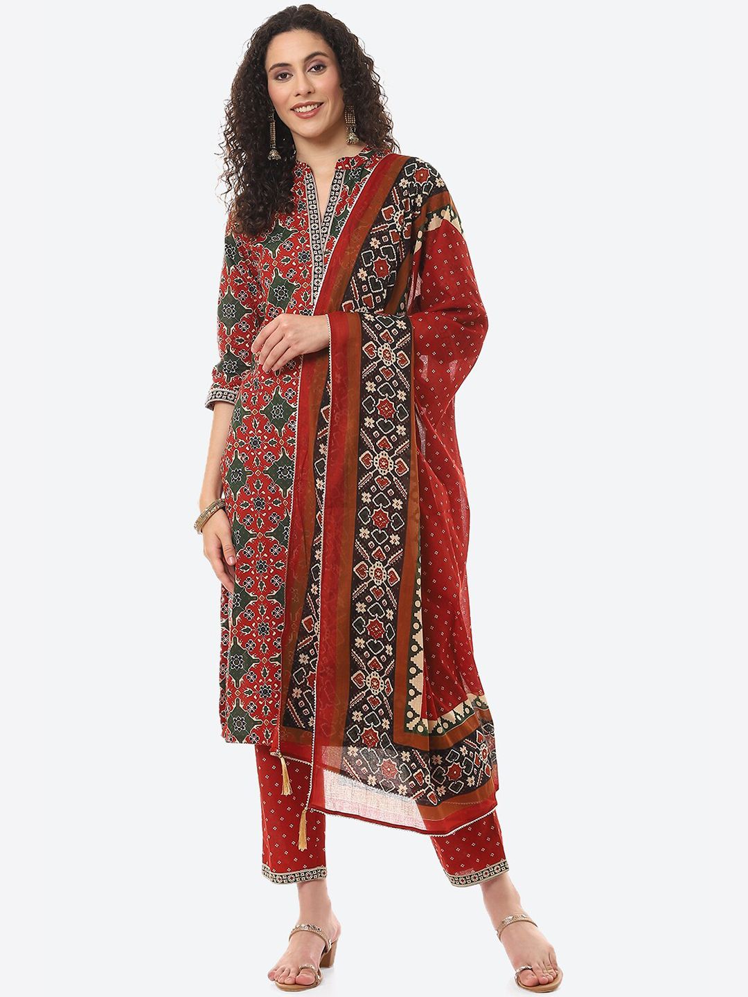 Biba Red & Black Printed Pure Cotton Unstitched Dress Material Price in India