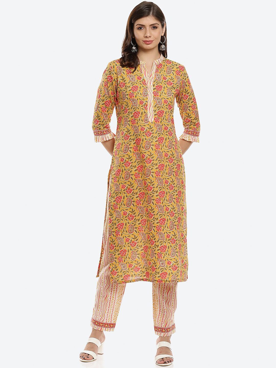 Biba Yellow & Red Printed Pure Cotton Unstitched Dress Material Price in India