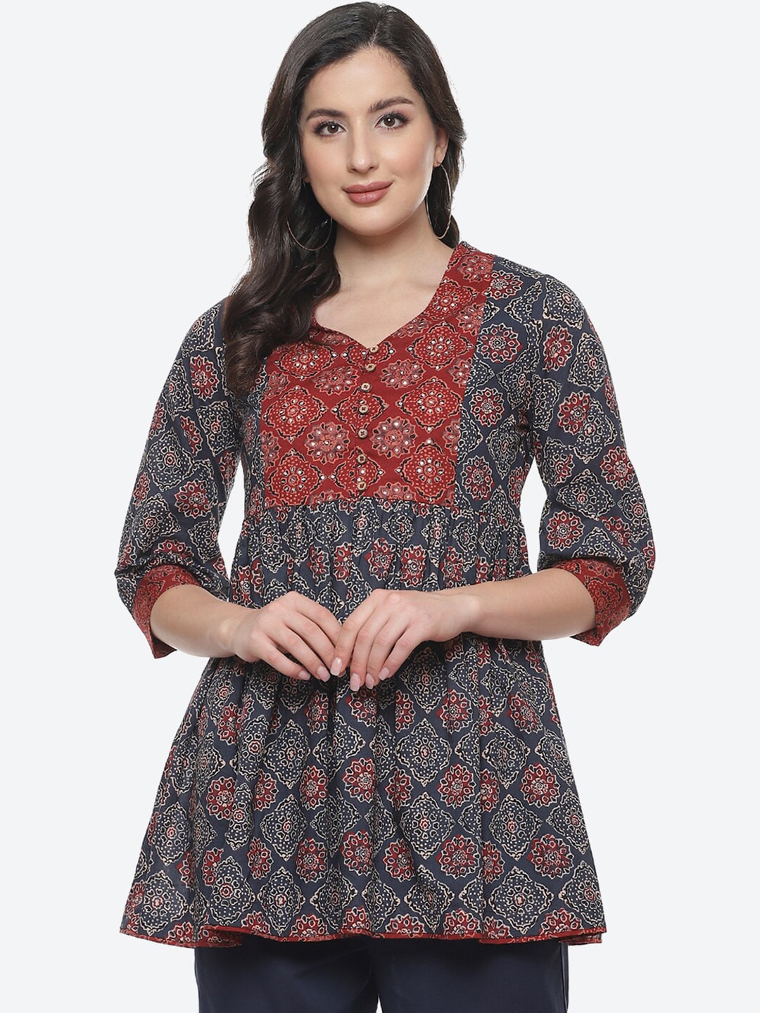 Biba Blue & Red Ethnic Motifs Printed V-Neck Pure Cotton Pleated Kurti Price in India