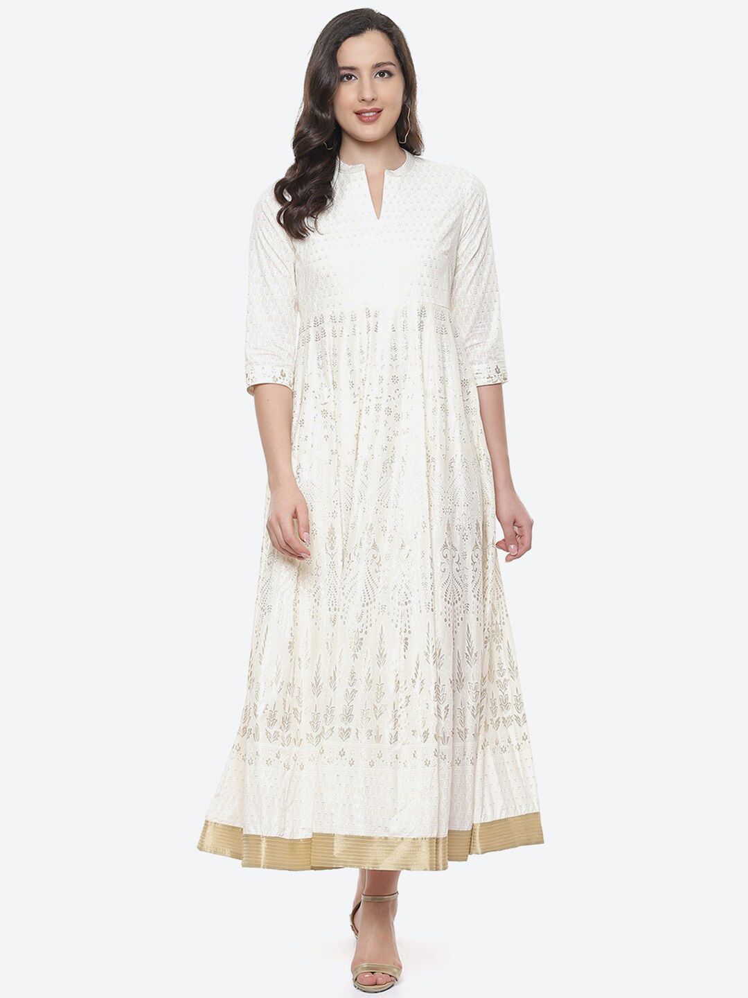 Biba Off White Ethnic Motifs Cotton Ethnic Maxi Dress Price in India