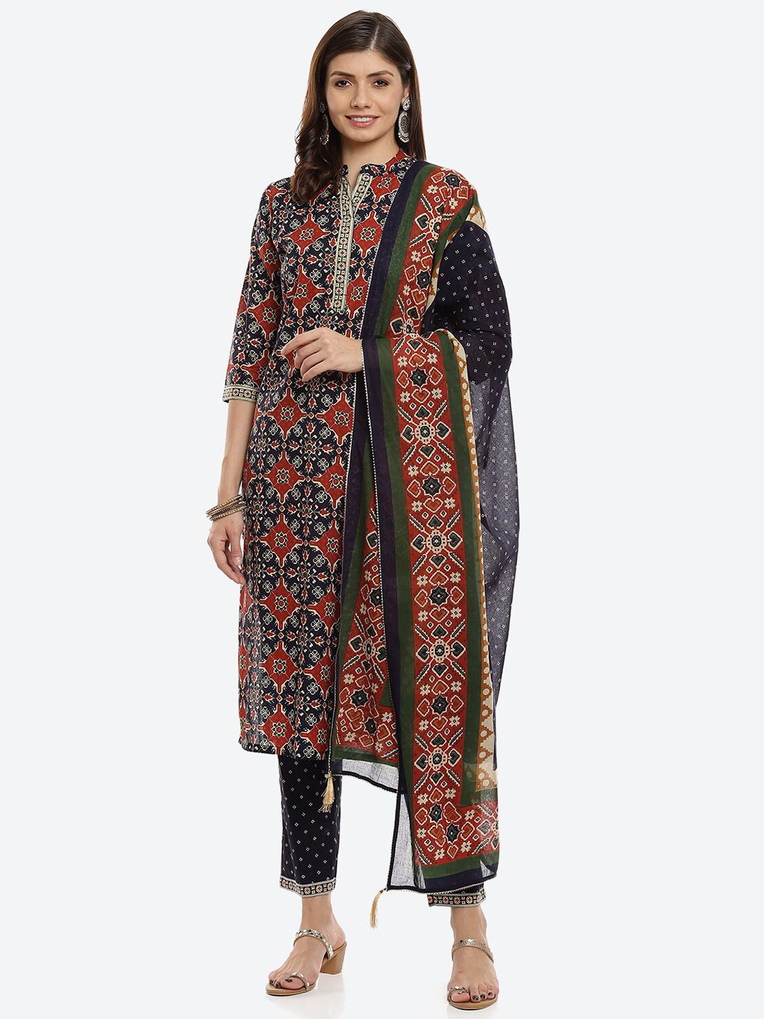 Biba Blue & Red Printed Pure Cotton Unstitched Dress Material Price in India
