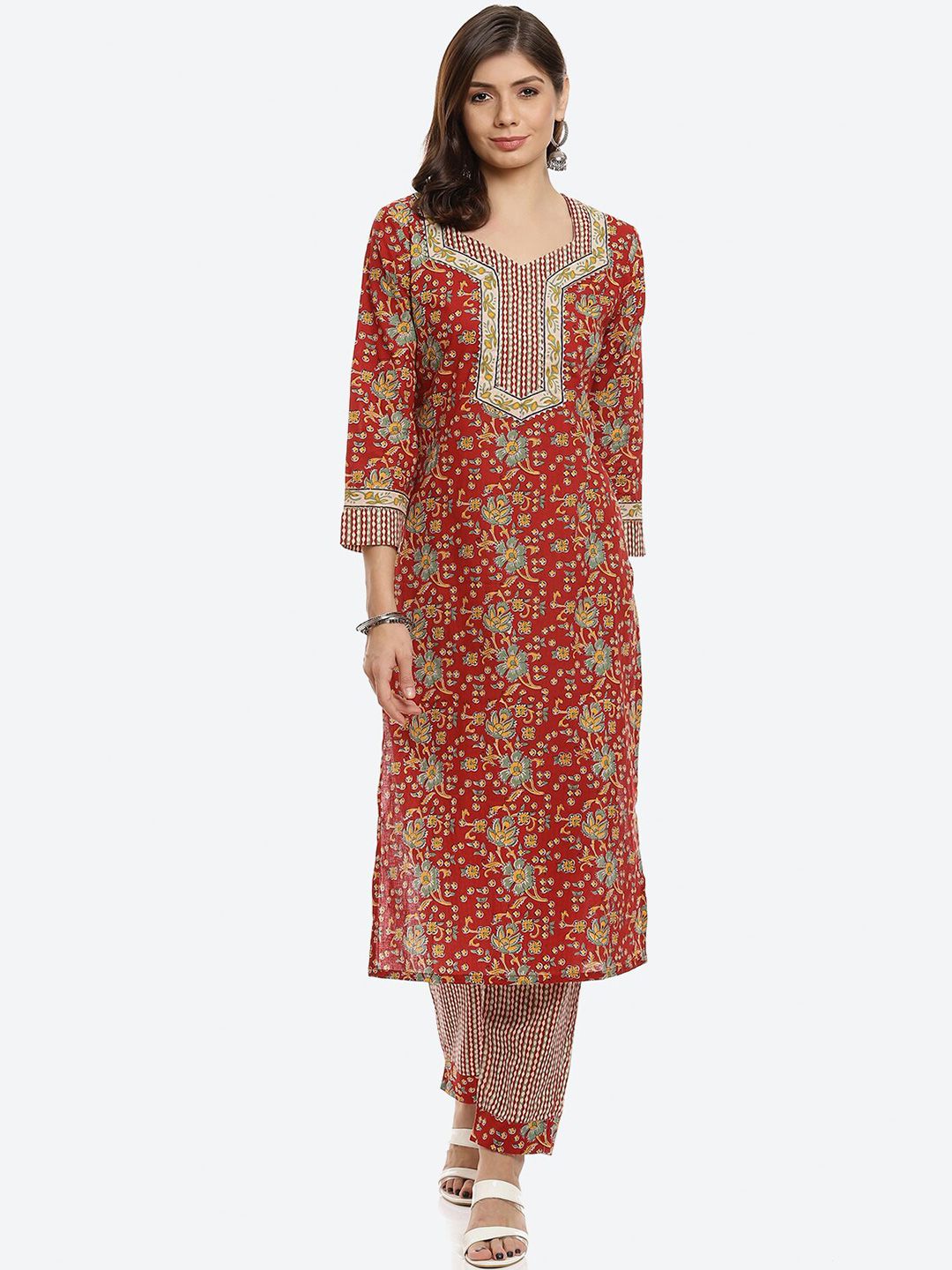 Biba Red Printed Pure Cotton Unstitched Dress Material Price in India