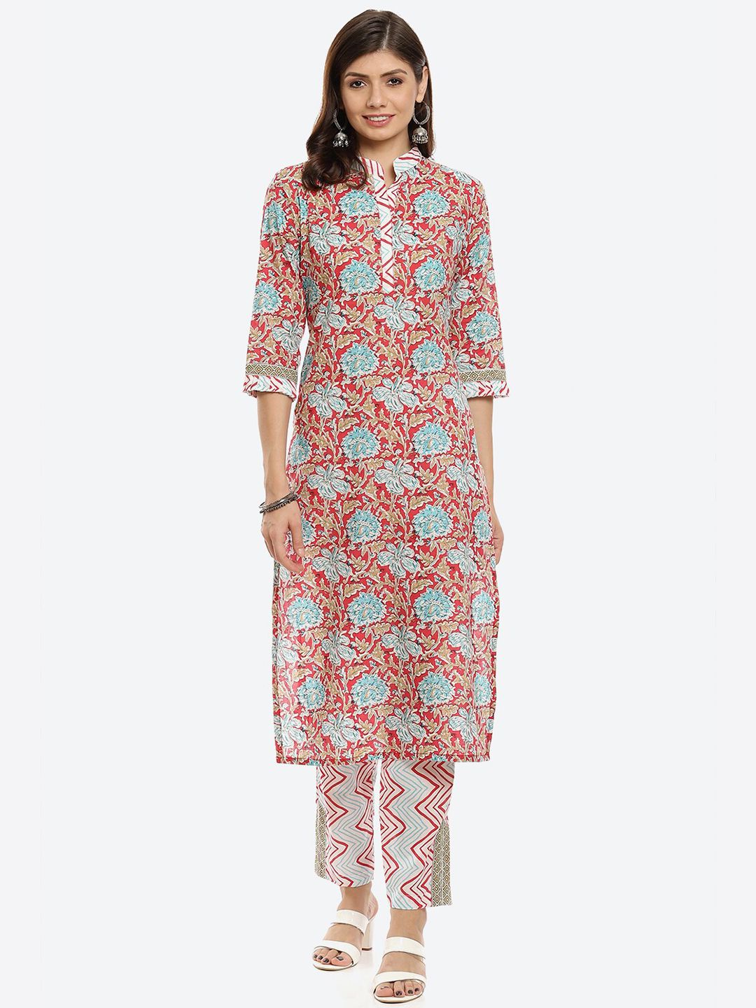 Biba Pink & Blue Printed Pure Cotton Unstitched Dress Material