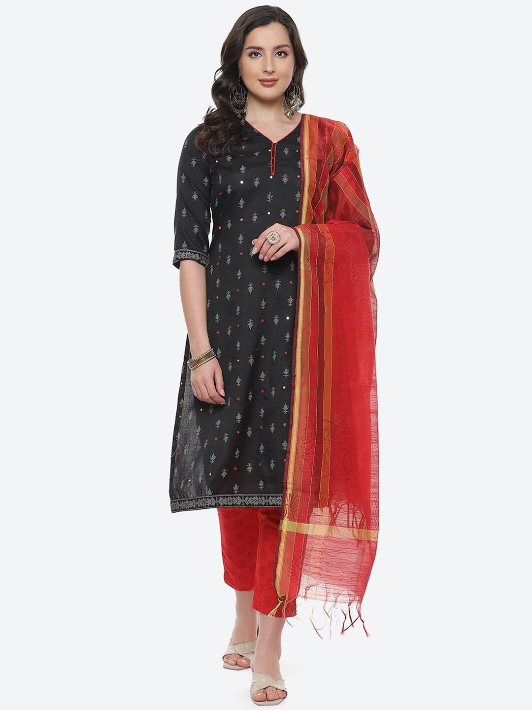 Biba Black & Red Printed Cotton Unstitched Dress Material Price in India