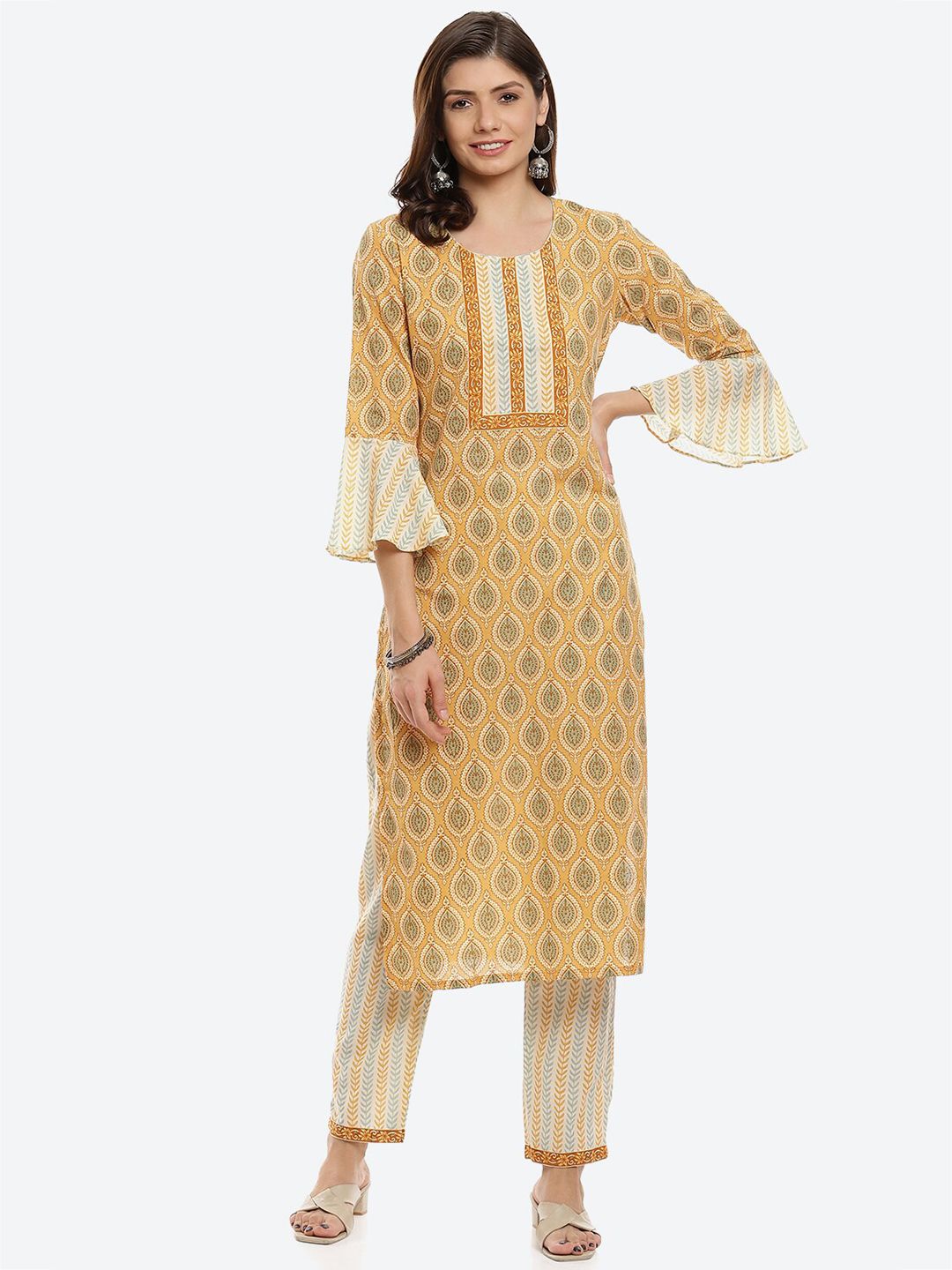 Biba Yellow & Cream-Coloured Printed Pure Cotton Unstitched Dress Material Price in India
