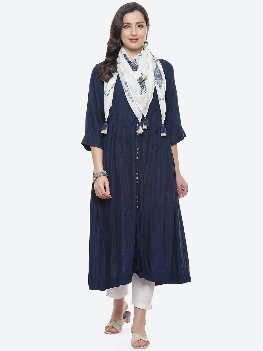 Biba Navy Blue Ethnic Motifs Ethnic A-Line Midi Dress Price in India