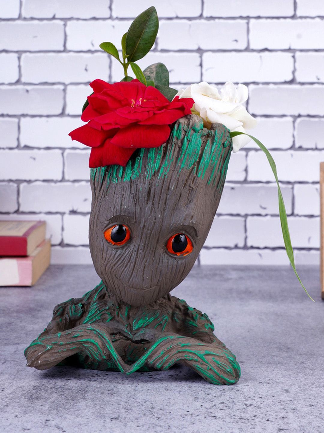 FASHIYANOO Grey & Green Baby Groot Flower Pot Showpiece Price in India