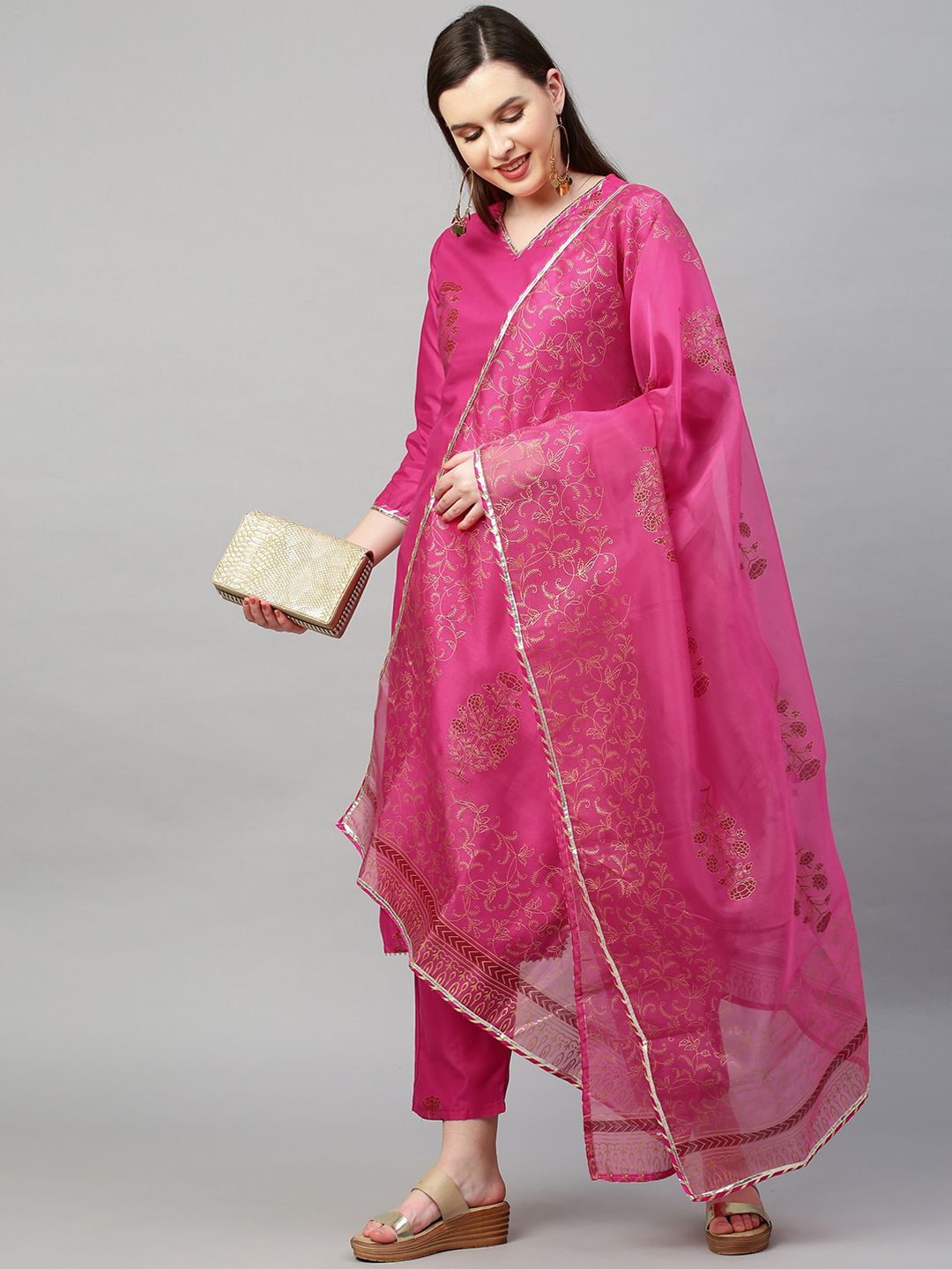 KALINI Women Pink Floral Printed Kurta with Trousers & With Dupatta Price in India
