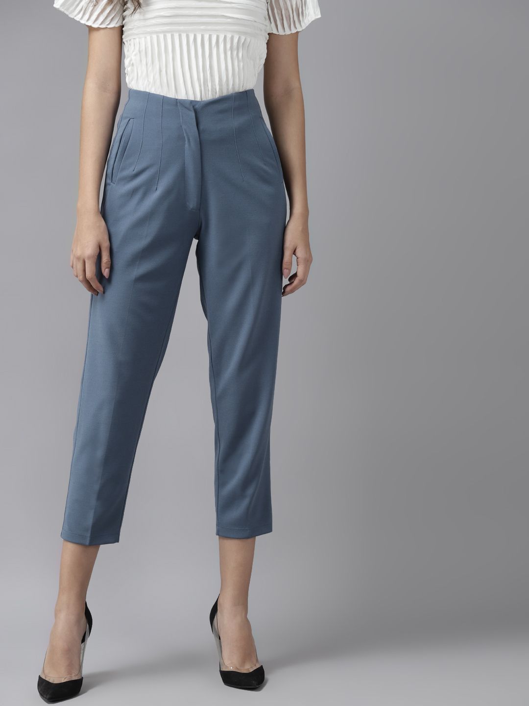 KASSUALLY Women Blue Solid Peg Trousers Price in India
