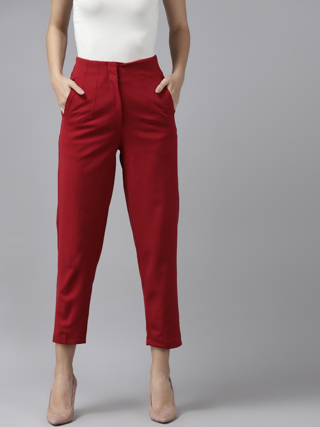 KASSUALLY Women Maroon Solid Peg Trousers Price in India