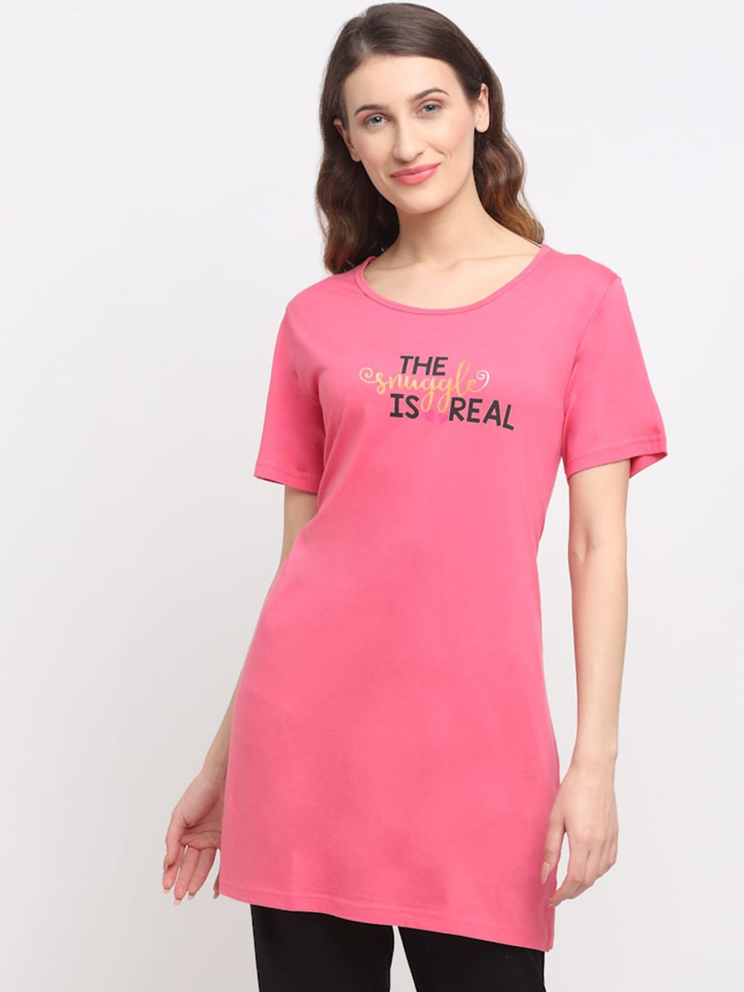 Kanvin Women Pink Printed Longline Lounge T-shirt Price in India