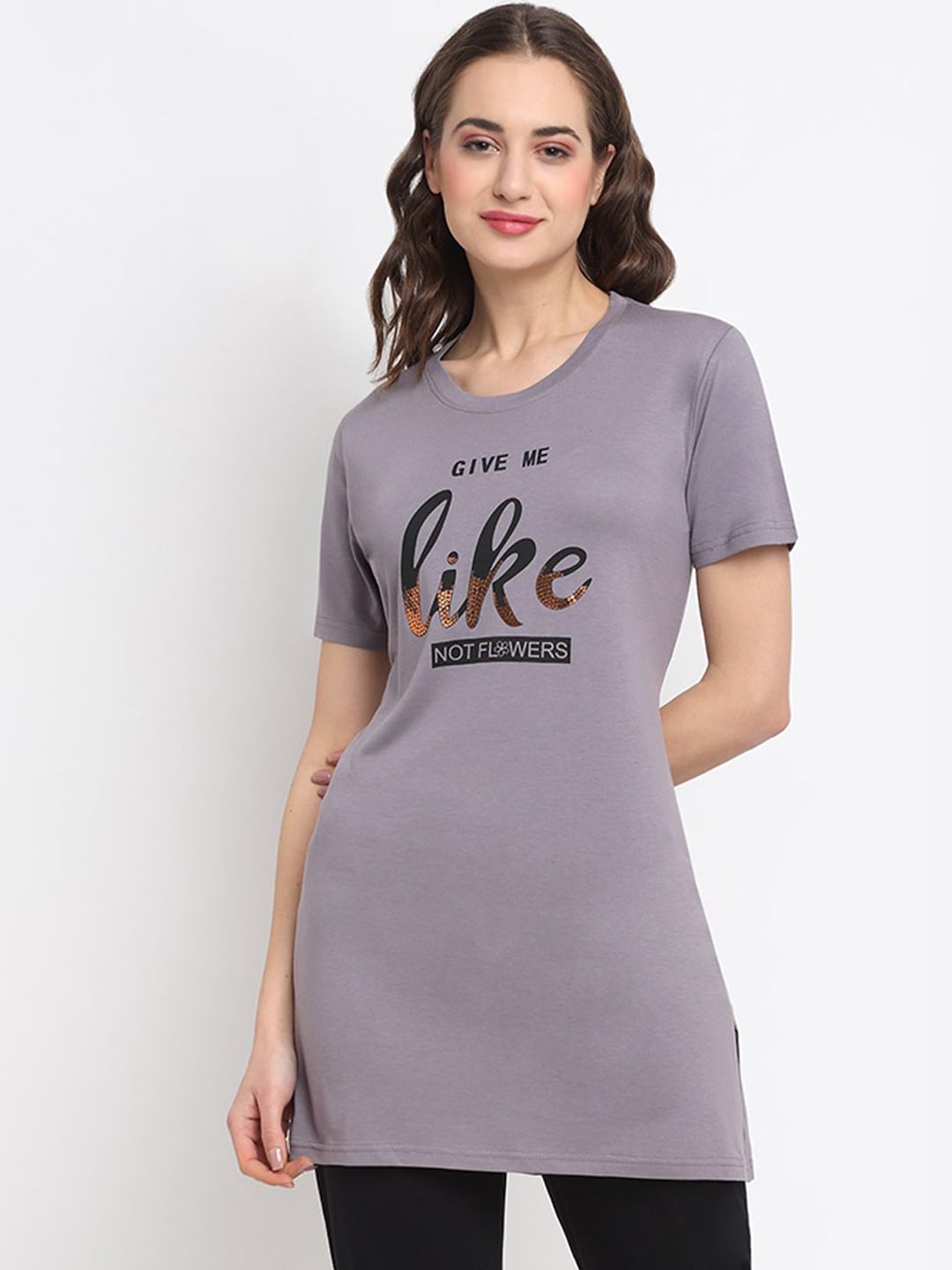 Kanvin Women Grey Solid Typography Printed Lounge Tshirt Price in India